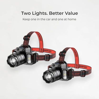 Two headlamps with red straps on a white background, labeled 'Two Lights. Better Value'.