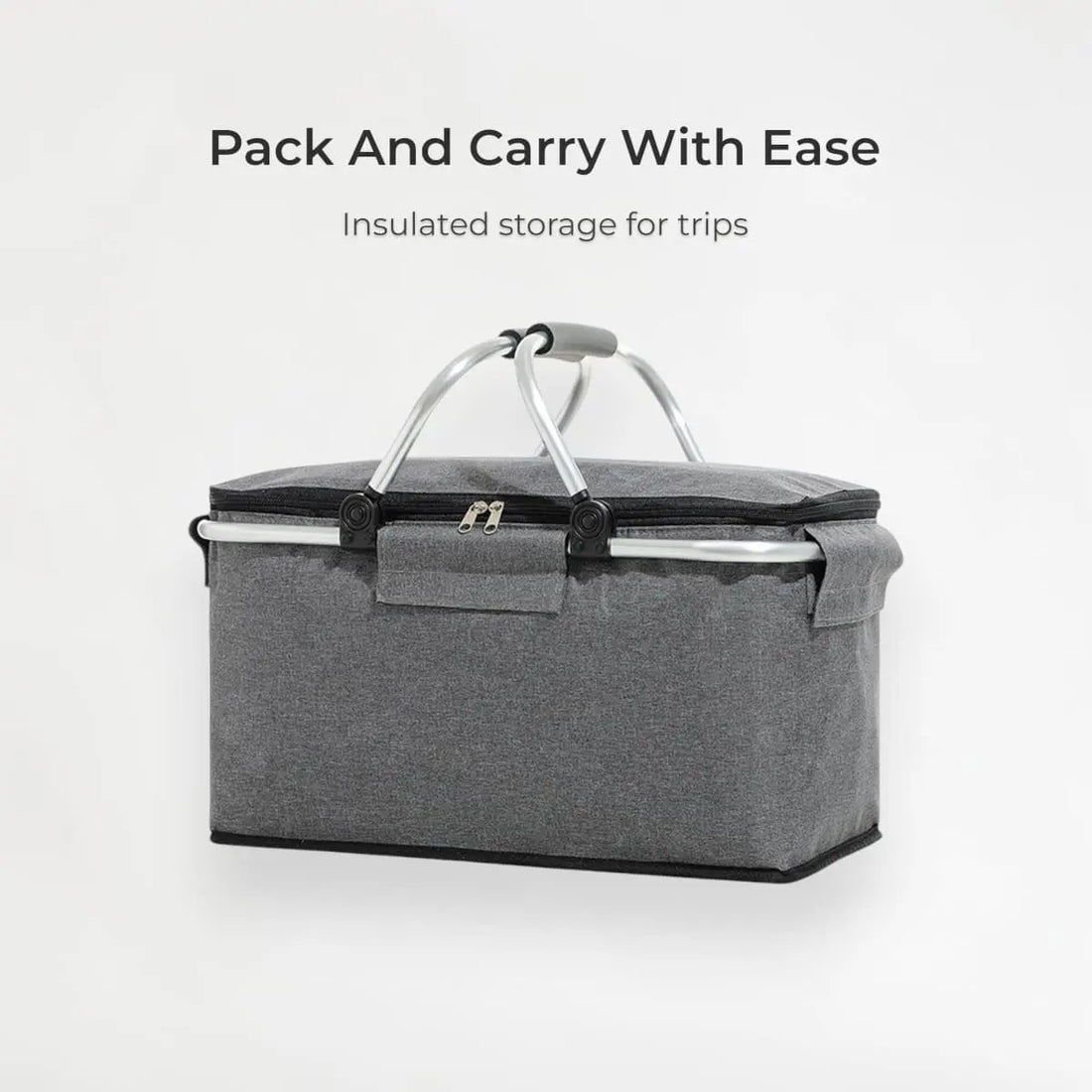 Gray insulated storage bag with a lid on a white background, featuring text 'Pack And Carry With Ease'.
