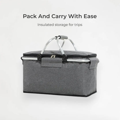 Gray insulated storage bag with a lid on a white background, featuring text 'Pack And Carry With Ease'.