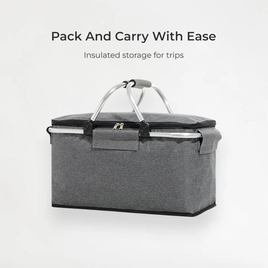 Gray insulated storage bag with a lid on a white background, featuring text 'Pack And Carry With Ease'.