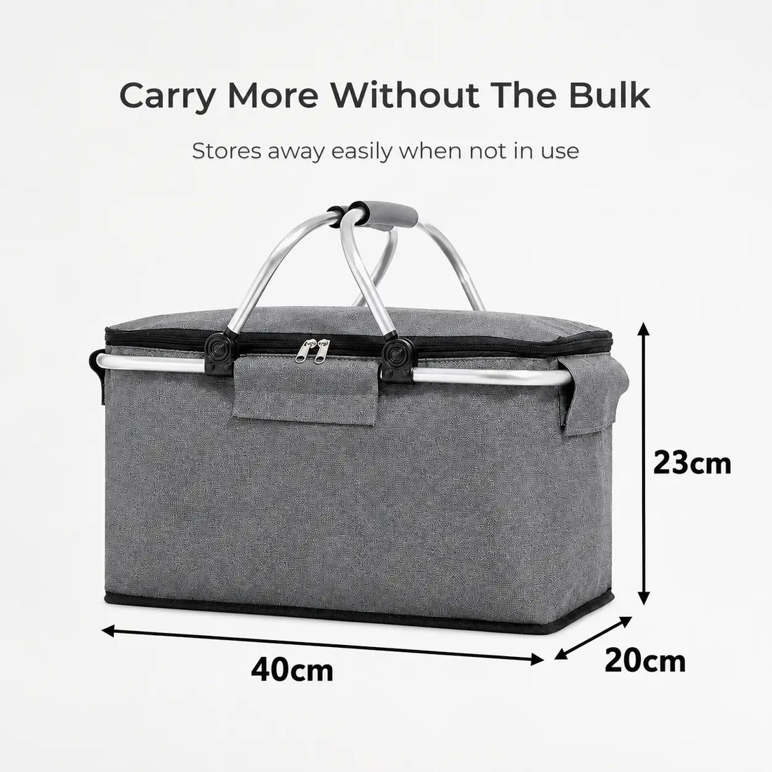 Gray storage basket with dimensions on a white background