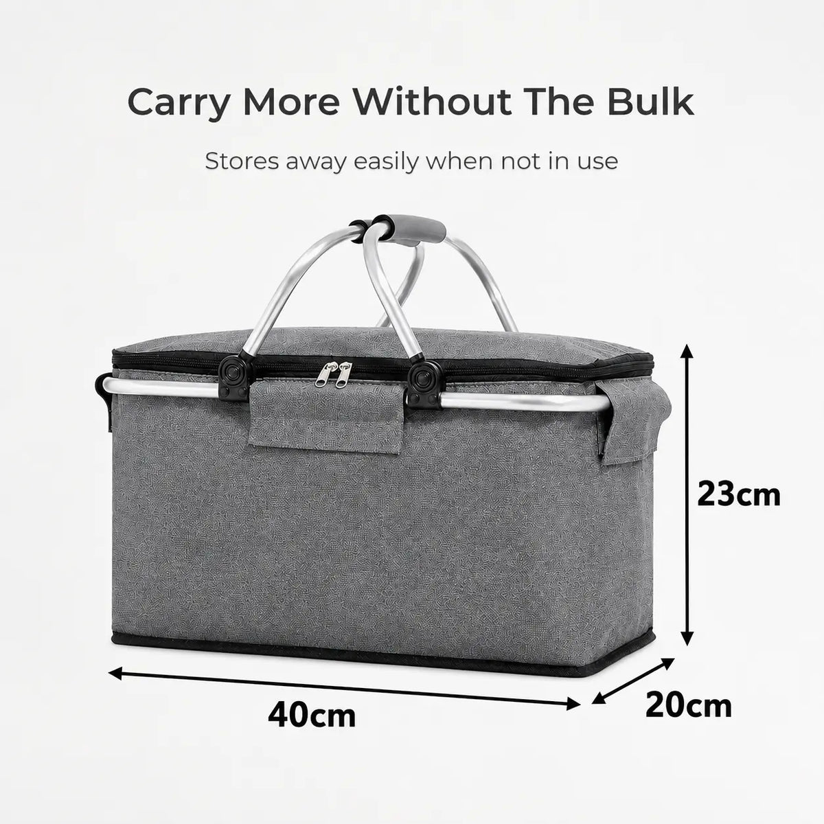 Gray storage basket with dimensions on a white background