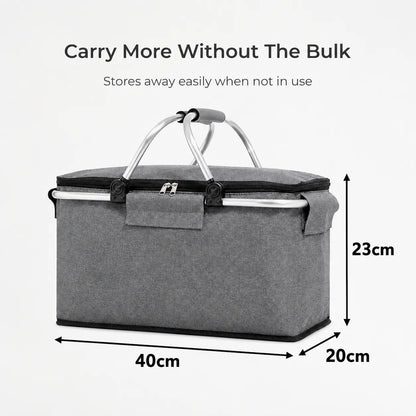 Gray storage basket with dimensions on a white background