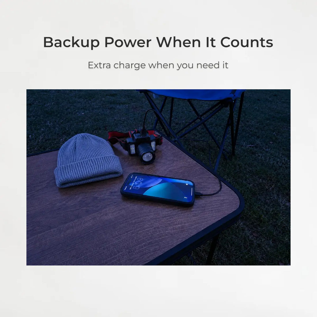 Phone with power bank on a table outdoors, with text 'Backup Power When It Counts'.