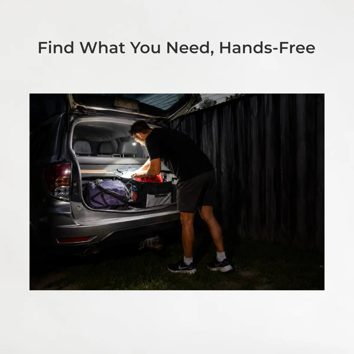 Person organizing items in a car trunk with text 'Find What You Need, Hands-Free' on a light gray background.