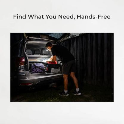 Person organizing items in a car trunk with text 'Find What You Need, Hands-Free' on a light gray background.