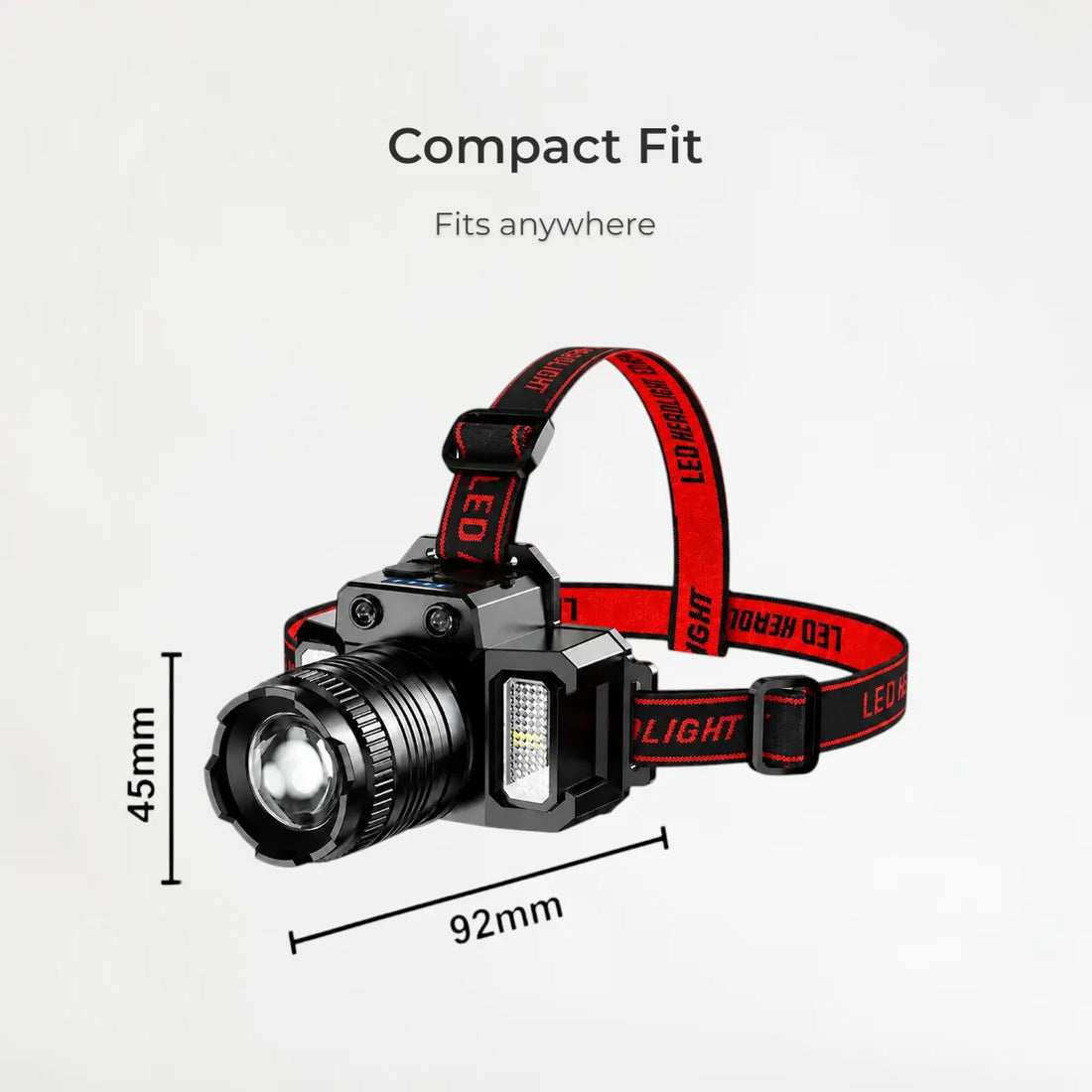 Headlamp with red strap and measurement details on a white background
