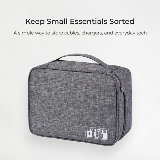 Ezaro cable and essentials organiser case on a clean background