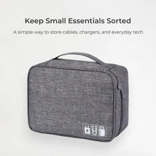 Gray storage bag with text on a white background