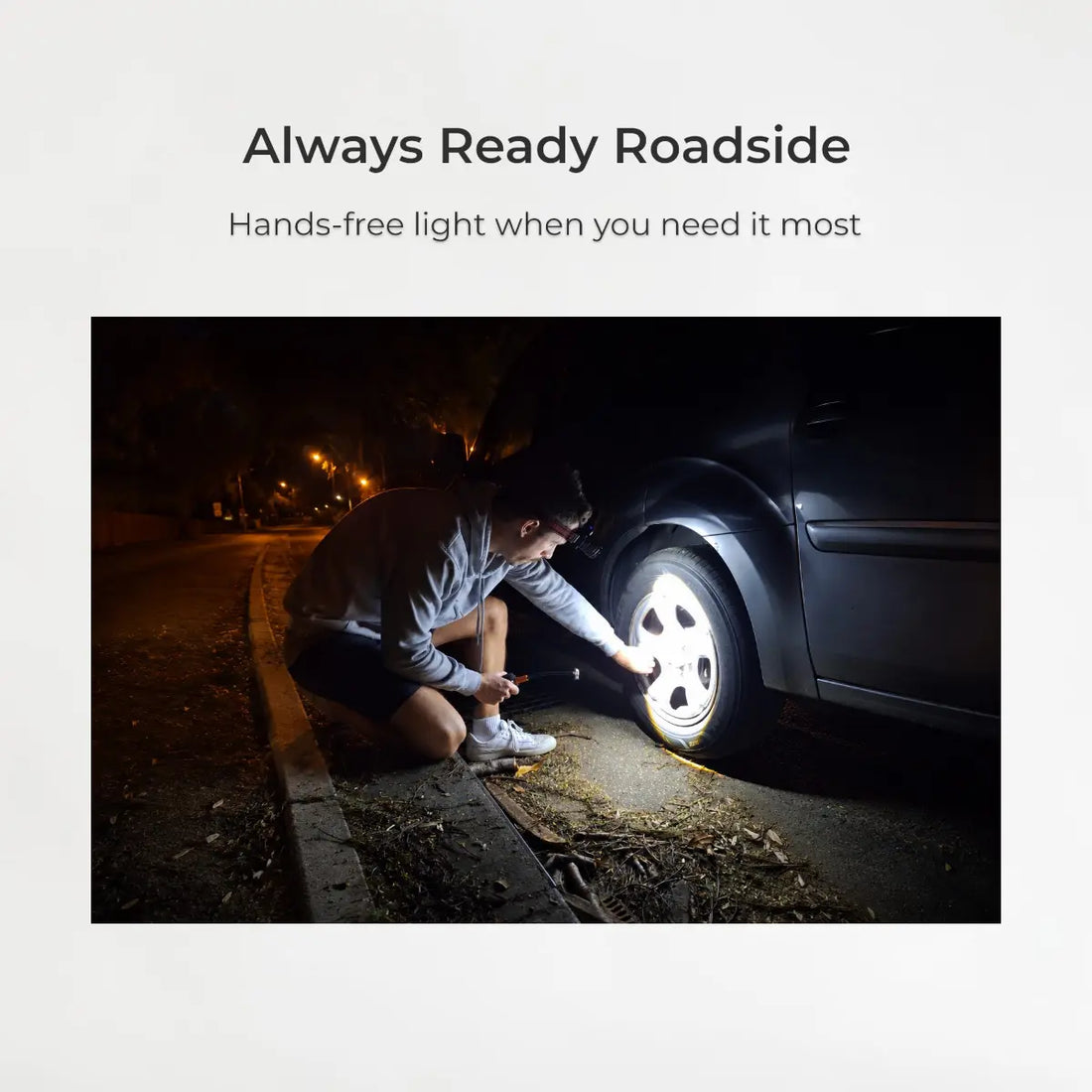 Person changing a tire on a car with text 'Always Ready Roadside' and 'Hands-free light when you need it most'.